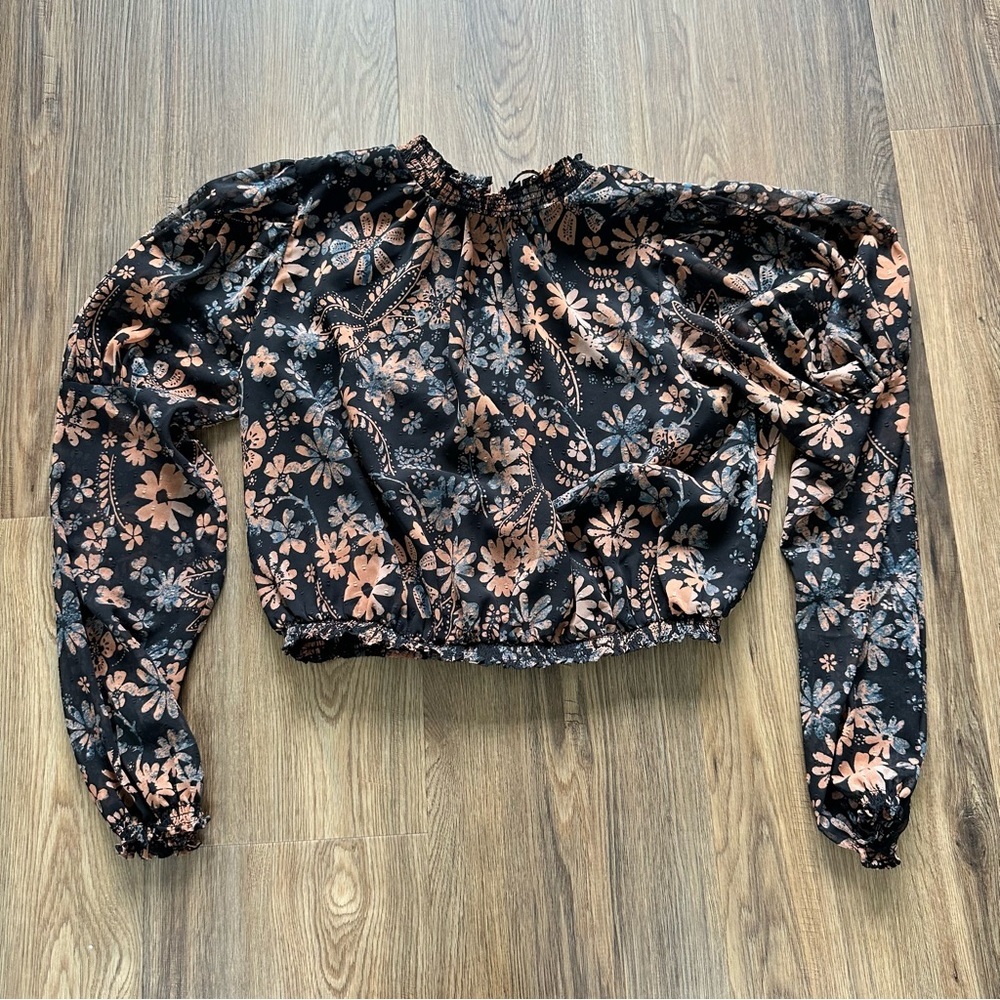 Free People Clarissa Floral Top XS Black Long Sleeve Ruffle High Neck Boho Fairy
